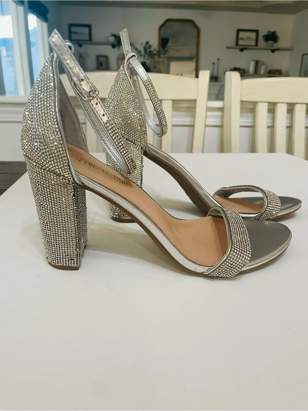 Dream Paris Rhinestone Block Heel Ankle Strap Sandals Silver Size 11